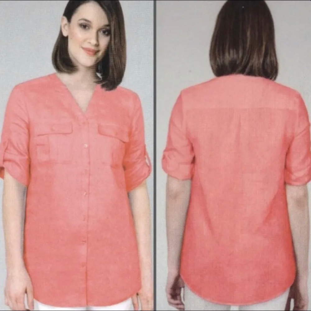Nicole Miller Women's 100% Linen Button Front Roll Tab Top